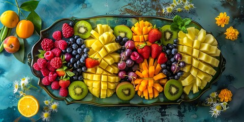 Vibrant platter of fresh tropical fruits artfully arranged for a healthy and delicious celebration.