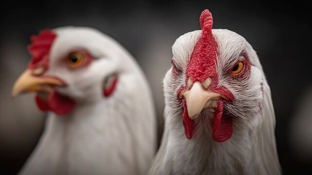 Close-up Capture of Two Alert White Chickens, Showcasing Their Intriguing Features and Expressions in a Dramatic Farmyard Setting