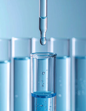 青い美容液を試験管に滴下するスポイト、スキンケア成分研究のミニマル背景 / Dropper dripping blue serum into test tube, minimalist skincare ingredient research background