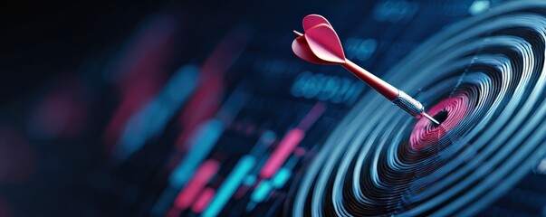 A dart hitting the center of a target, surrounded by colorful data graphs, symbolizing precision and success in analytics.