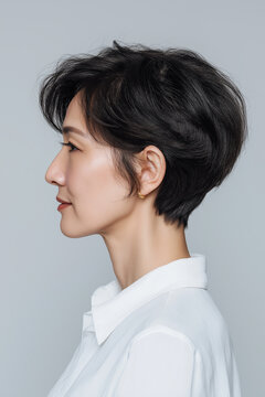 Side profile of an elegant middle-aged Asian woman with short wavy black hair wearing a white shirt, natural beauty and sophisticated concept