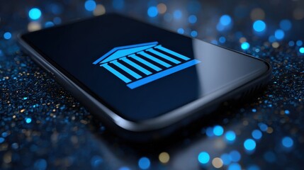 A smartphone displays a banking symbol, set against a shimmering blue background, symbolizing digital finance or online banking.