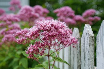 Obraz premium Vibrant Joe-Pye Weed Blooms in a Garden Surrounded by a Rustic Fence
