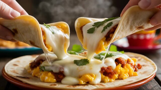 Delicious cheesy burritos being pulled apart on a plate