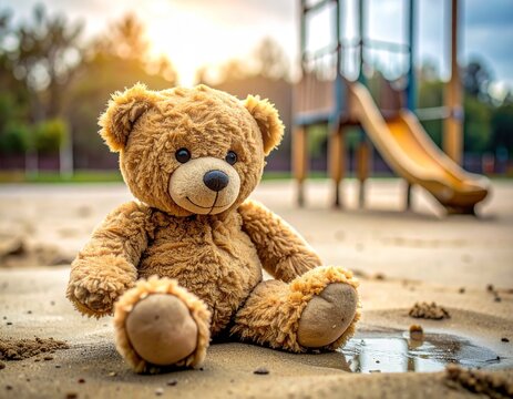Allein gelassener Teddyb&auml;r auf Spielplatz im Abendlicht als Symbol f&uuml;r Verlassenheit