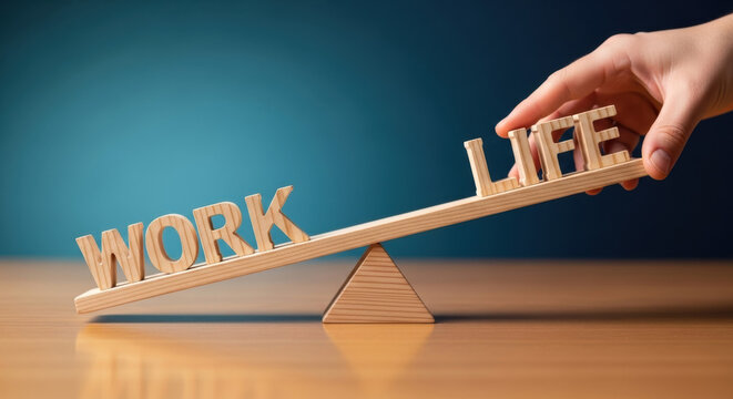 Work and life balance conceptual image with wooden letters on a seesaw. It symbolizes the importance of equilibrium between business and personal pursuits set against a blue gradient background.