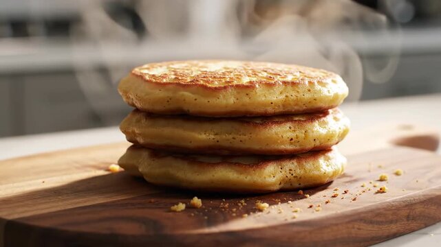 Lifestyle shot of freshly cooked stacked corn flour arepas resting on a sleek wooden cutting board with soft steam gently rising above a clean modern counter hot, steam, minimalist