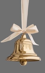 Golden bell with white bow hanging on ribbon on gray background. Festive illustration with Christmas theme for greeting cards, packaging, posters and winter design.