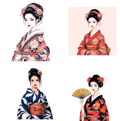 Vsai japanese women wearing traditional kimonos with floral patterns