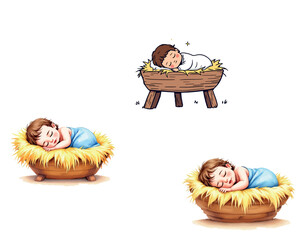 Vsai baby infant sleeping in manger with hay bed