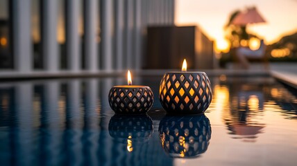 Ornate lanterns with lit candles floating on a pool with sunset reflections burning