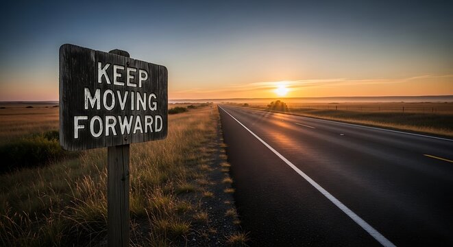 Motivational road sign at sunset horizon.