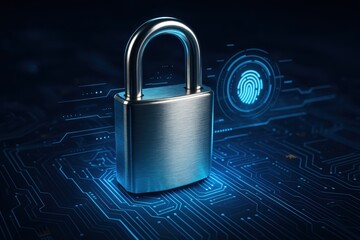 Cybersecurity Sentinel: A gleaming padlock stands guard over a digital network, with a fingerprint scanner, symbolizing robust protection against cyber threats, data breaches, and unauthorized access.