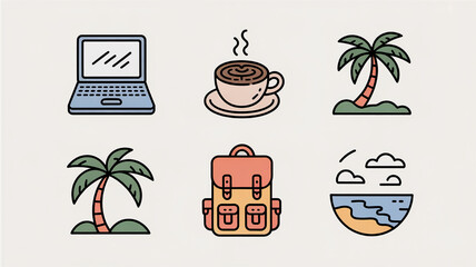 Collection of travel and vacation icons including a laptop coffee palm trees and backpack perfect for web design and summer themes © Tanzeel