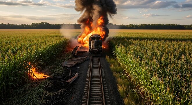 Train Derailment Amidst Fields - A Fiery Catastrophe.