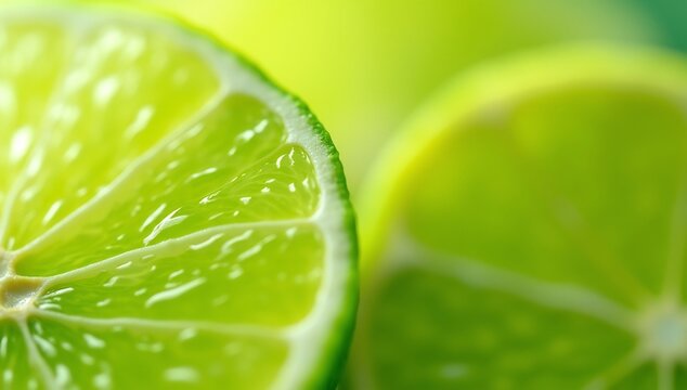 Closeup of a vibrant green lime slice showing its juicy texture and segments with another blurred lime in the background