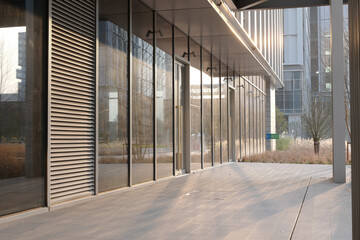 Modern building&rsquo;s glass facade reflects scenery