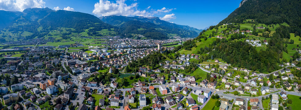 Aerial view around the city Sargans in Switzerland on a sunny afternoon in summer