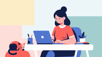 Woman working from home with cat on her lap and laptop open