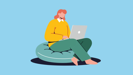 Young woman working remotely on laptop in comfortable home setting