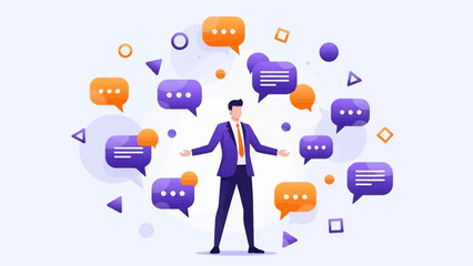 Businessman engaging with vibrant chat bubbles in modern office setting