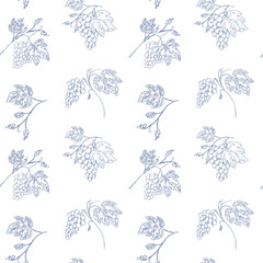 Fototapeta premium Seamless line art pattern of grapevine branches and leaves in toile de Jouy style. Elegant botanical design perfect for wine labels, packaging, backgrounds, and vineyard-themed projects.