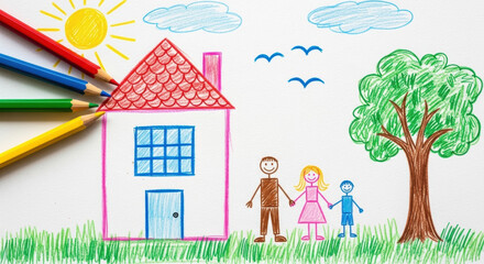 Colorful childlike drawing features a house, family, tree, sun, and clouds rendered with colored pencils on a clean white background showcasing childhood art.