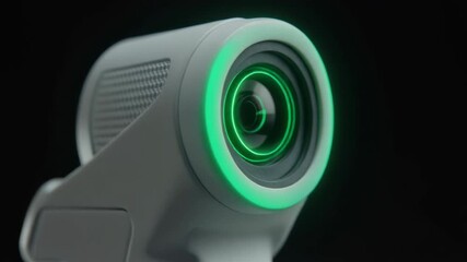 Closeup of a modern camera lens with glowing blue and green lights. 4K Abstract Background Animation Video
