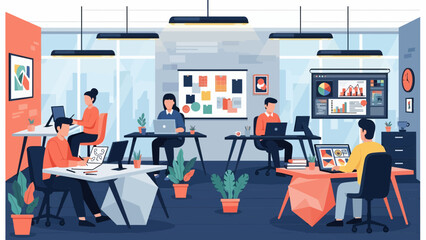 Modern office team collaborating on projects in a vibrant workspace