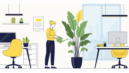Woman nurturing office plants in modern workspace with city view