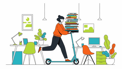 Woman riding office scooter loaded with books through modern workspace