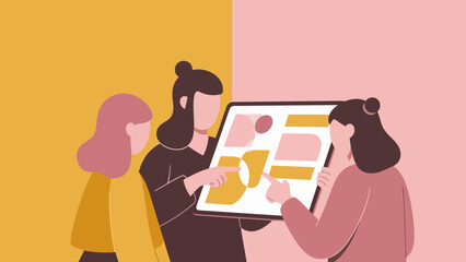 Three women collaborating on a creative project with a large tablet