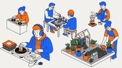 Young adults enjoying hobbies and leisure activities together