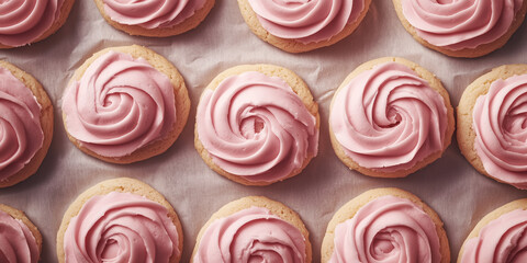 Pink frosted cupcakes arranged on a baking sheet in a pattern  