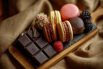 An elegant mini dessert board featuring assorted macarons, rich chocolate pieces, and fresh berries.