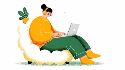 Young woman relaxing on cloud shaped chair while working on laptop