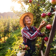 Abuela agricultora recogiendo manzanas