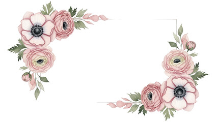 Minimal luxury watercolor frame with anemones and ranunculus in a sophisticated dusty rose palette isolated on white background.png
