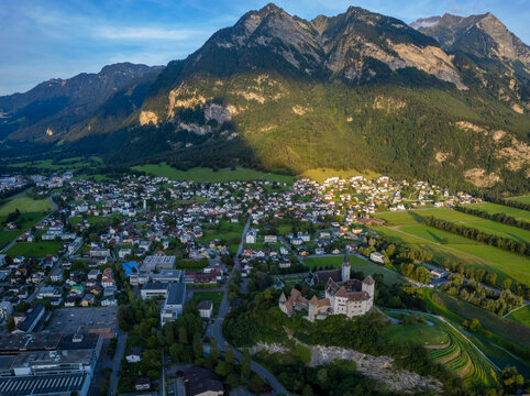 Aerial view around the city Balzers Gutenberg in Liechtenstein on a sunny afternoon in summer.