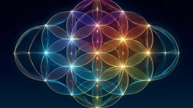 Luminous Flower of Life pattern with glowing energy centers. Perfect for spiritual blogs and meditation apps exploring sacred geometry, chakras, and cosmic connection.