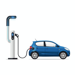A blue hatchback electric car charging at a station