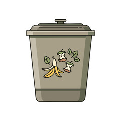 A gray trash can featuring peel, cores, and leaves on it, against a white backdrop