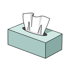 A light blue rectangular tissue box with white tissues partially pulled out