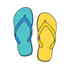 Two cartoon flip-flops in teal and yellow, on a white background