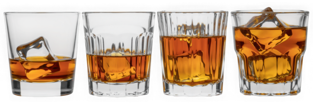 Set of glass of whiskey or whisky or american Kentucky bourbon with its reflection on the plane. isolated on transparent. - Powered by Adobe