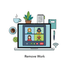 A laptop displays a video call with four women, alongside coffee, plant, notebook, and pen