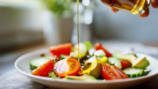 Enhancing a healthy lifestyle with nutritious organic ingredients. A concept of wellness, clean eating, and balanced diet through fresh vegetables and premium olive oil dressing