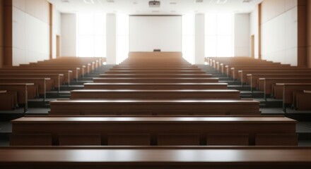 Empty lecture hall with rows of wooden desks and chairs illuminated by natural light