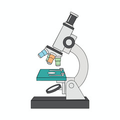 Illustration of a microscope with colorful lenses and a stage