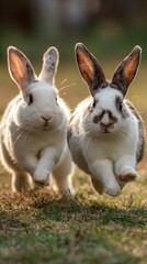 Obraz premium Two white and brown rabbits running on green grass in sunlight